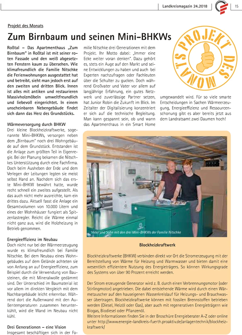 Zeitungsausschnitt über die Auszeichnung des Blockheizkraftwerks als Projekt des Monats
